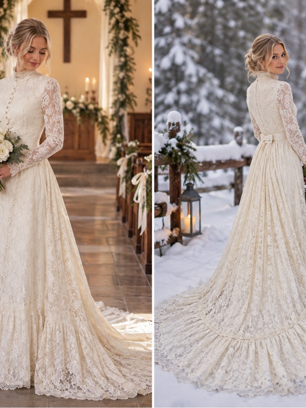 Vintage William Cahill California Lace Wedding Dress Ivory High Neck Train